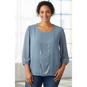 Talbots Women 20W Petite Dusty Blue Sequin Panel Chiffon Dressy Blouse